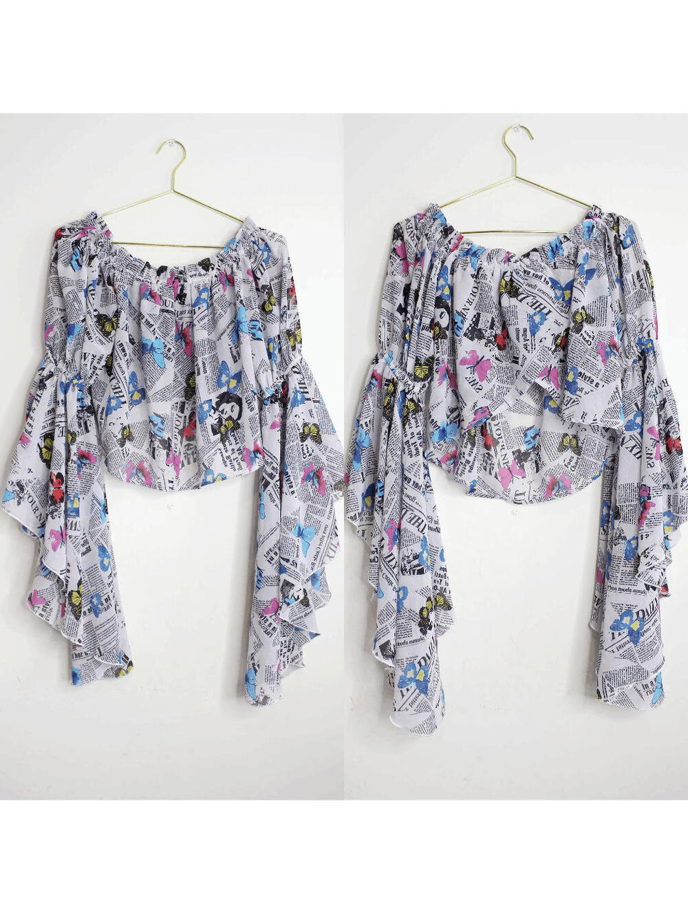 Newspaper Print Black & White Ruffle Crop Top Colorful Butterflies - M